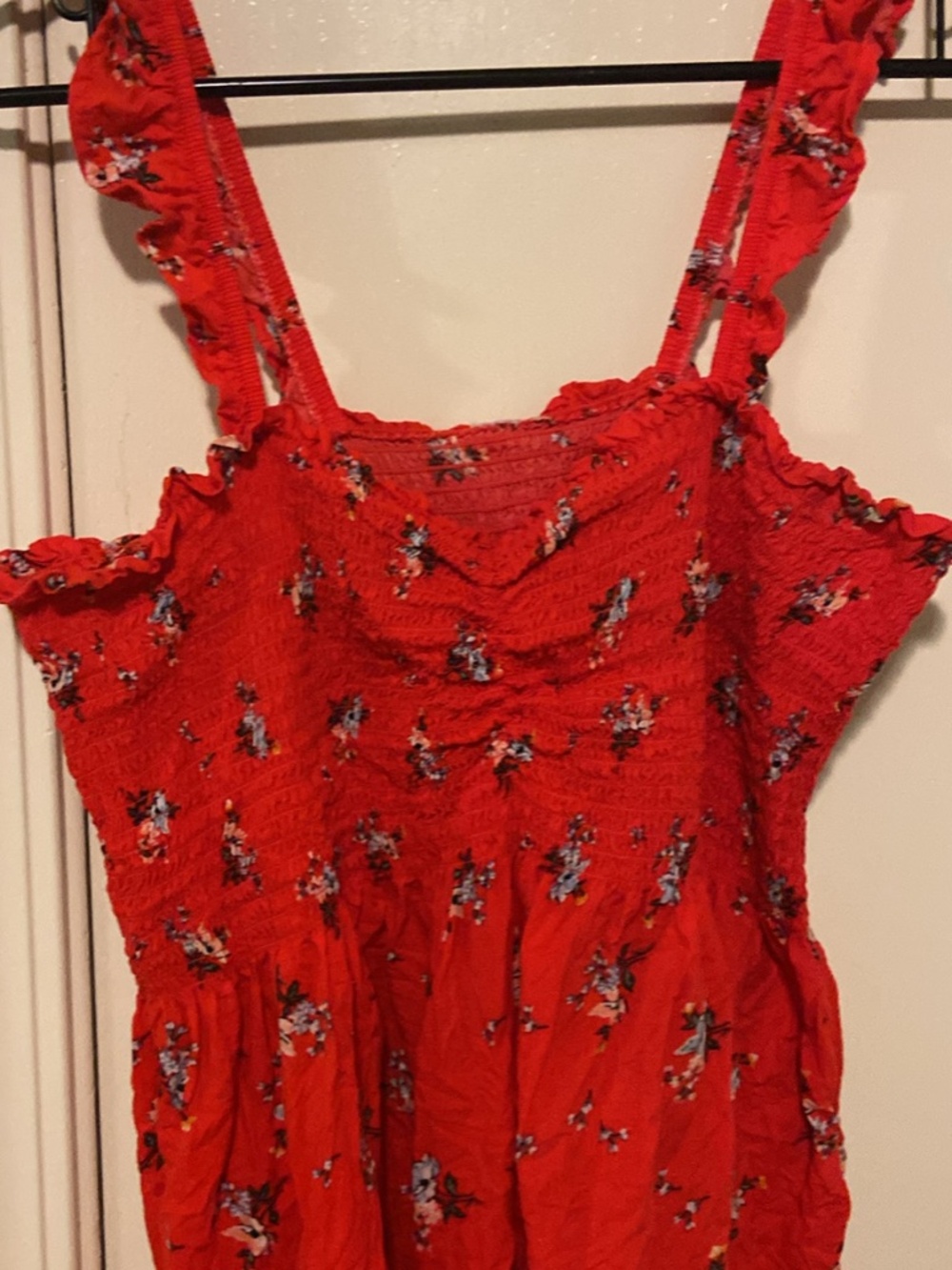 Red Floral Smocked Ruffle Strap Tank Top
